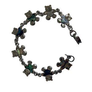Teddy Bear Bracelet Silver Tone Linked Bears Blue Pink Green Enamel